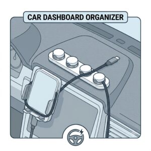 Vector icon showing how to use peel-and-stick magnetic cable clips on a car dashboard for phone mounts.