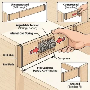 Diagram showing the spring-loaded mechanism of adjustable wooden drawer dividers being compressed to fit snugly inside a cabinet.
