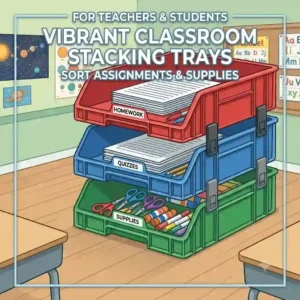 "Brightly colored plastic stacking trays labeled for student homework submission on a classroom shelf."