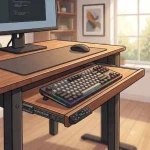 Heavy duty gaming keyboard table setup with dual monitors, custom backlight RGB lighting, and full desk mouse pad.