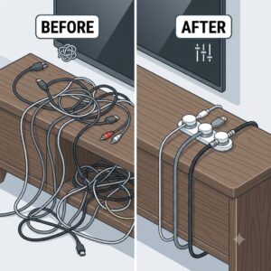 Before and after graphic depicting a messy TV console transformed by using a magnetic cable clips organizer.