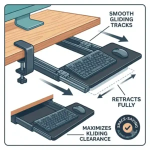 Close-up illustration detailing the smooth sliding track mechanism of a retractable clamp on keyboard tray.