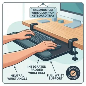 Illustration of the wide, integrated padded wrist rest on a clamp on keyboard tray for extra comfort.