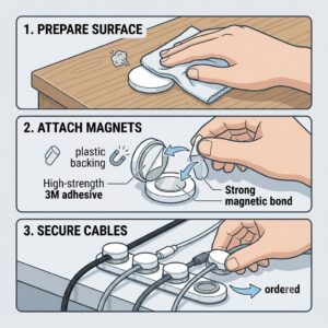 Sequential graphic showing the quick three-step process to install and use magnetic cable clips.