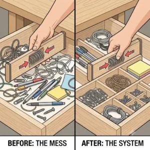 A split illustration showing a messy office junk drawer transformed into an organized space with custom wooden drawer dividers holding pens, clips, and notebooks.