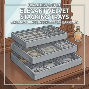 "Soft grey velvet stacking trays organizing rings, necklaces, and earrings inside a dresser drawer."