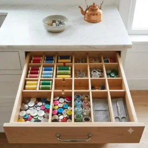 Shorter wooden drawer dividers creating small grid compartments to sort colorful yarn, ribbons, and sewing supplies.