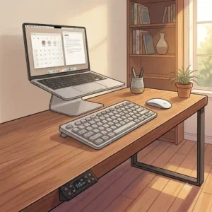 Close up view demonstrating ideal typing posture and proper arm angle alignment at an ergonomic keyboard table.
