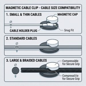 Comparison infographic demonstrating how various sizes of wires, including thick braided ones, fit within the magnetic cable clips.