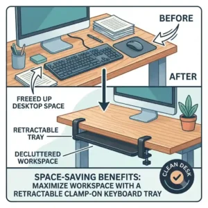 A before-and-after graphic demonstrating how a clamp on keyboard tray declutters the desktop.