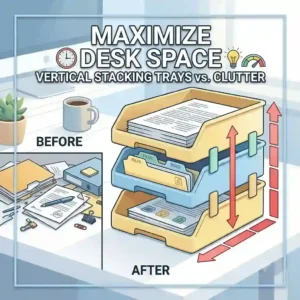 "An illustration showing how vertical stacking trays maximize limited desk space compared to scattered papers."