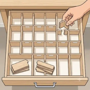 An illustration showcasing different grid layout options using interlocking wooden drawer dividers for custom storage configurations.