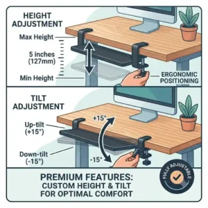Vector diagram showing the range of motion for a premium, adjustable clamp on keyboard tray.