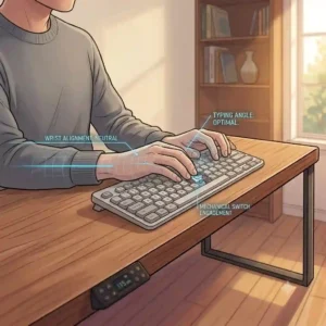 Built in cable management tray integrated into the back of a modern keyboard table to keep wires hidden and organized.