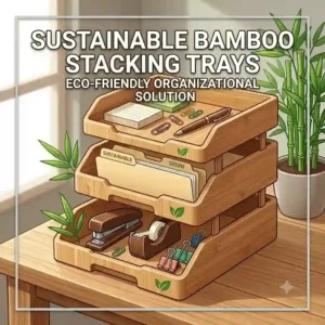 "Eco-friendly bamboo stacking trays stacked neatly next to a green potted plant on a wooden entryway table."