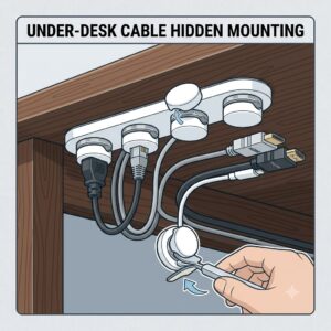An under-desk view showing how hidden magnetic cable clips are used to organize power strips and computer wires.